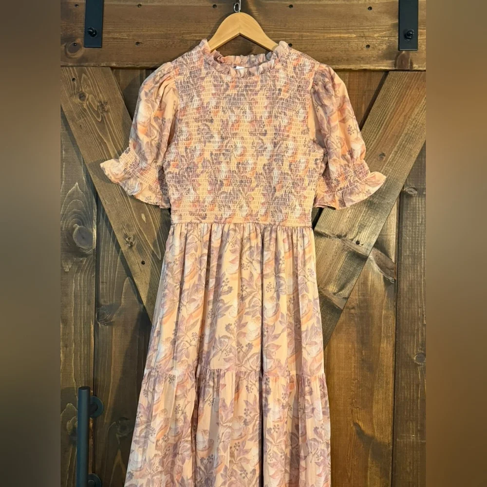 Ivy City Co Peach Purple Smocked Floral Mushroom Print Puff Short Sleeve Dress - Picture 2 of 7
